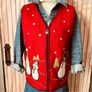 Coldwater Creek Ugly Christmas Zip Snowman Appliqué Cabincore Wool Vest Size L